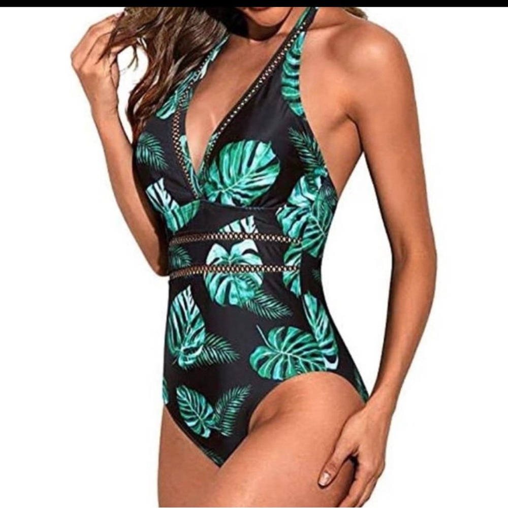 NWT Tempt Me V-Neck Plunge One‎ Piece Bathing Black Green Leaves swimsuit bikini